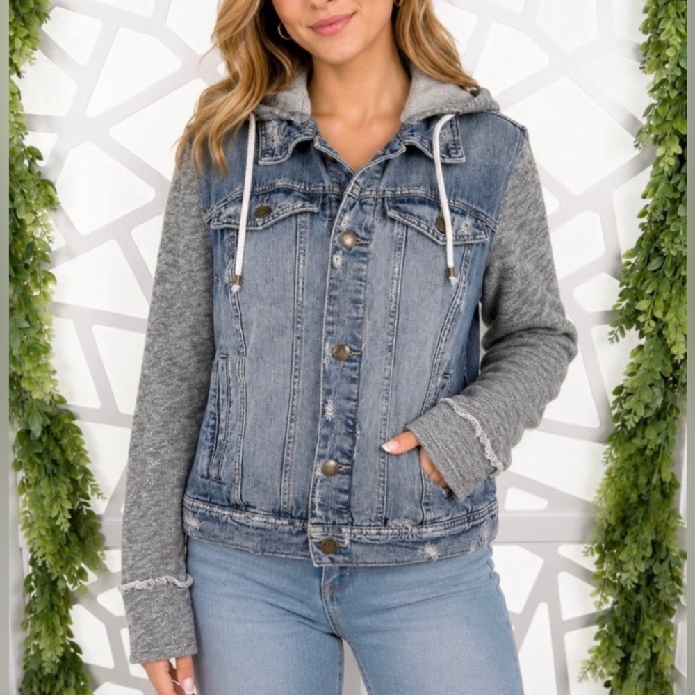 Free People Distressed Knit Hooded Jean Jacket Blue Gray Women’s L Y2k Grunge - Picture 2 of 10